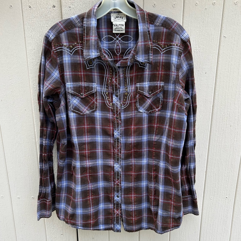ARIAT Western Rodeo Plaid Embellished Snap Button Dowh Shirt. Size XXL